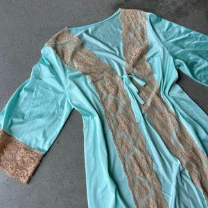 Vintage Pastel Blue Lace Silky Maxi Robe Women's Blue Robe